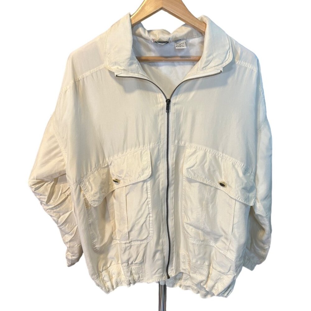 Vintage 90s EVR White Lightweight Silk Ski Jacket Pockets Zip Closure Size M